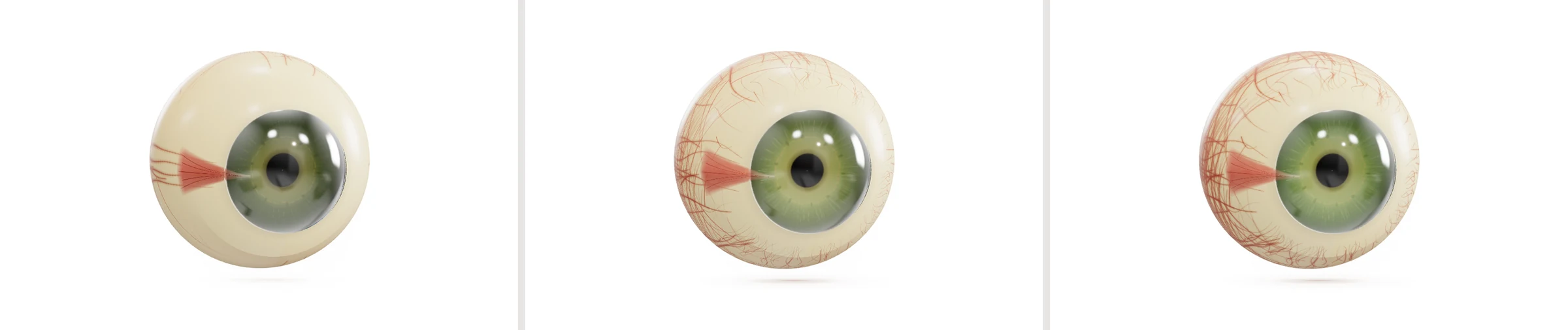Three eye poster generations in a row: warm ivory ball, vessel network pass, final render