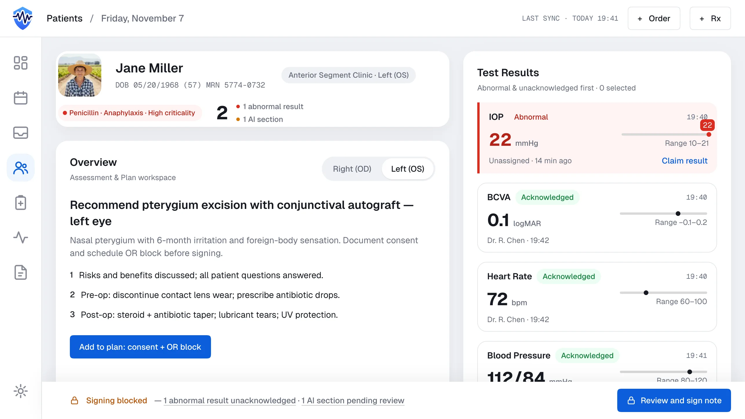 Sign-blocking footer reading Signing blocked with links for one unacknowledged abnormal result and one AI section pending review