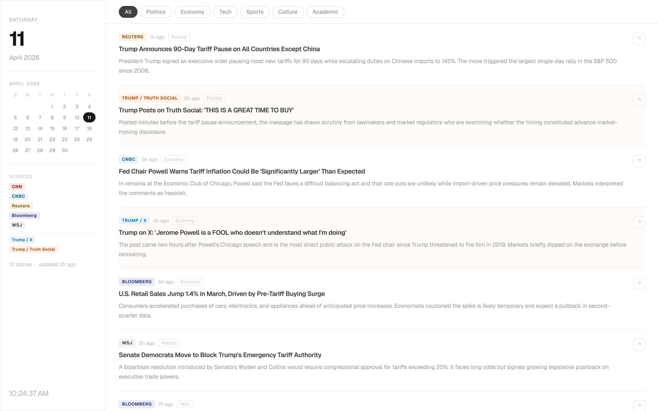 Round 1 prototype: single-column list, eight event-driven sources, SOURCES chip list in sidebar