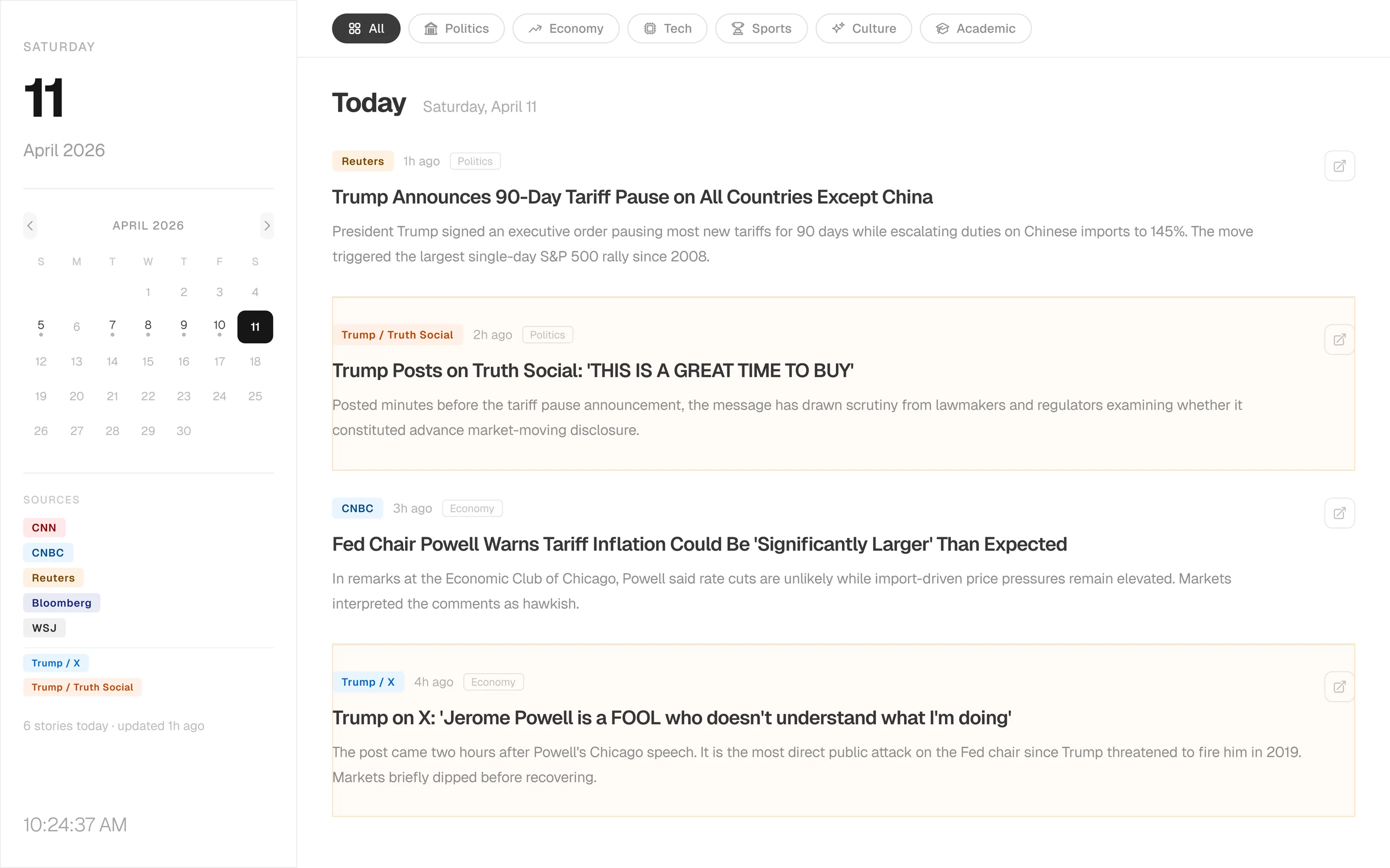 Round 2: enlarged sidebar typography, Today header, iconified tabs, calendar pagination arrows