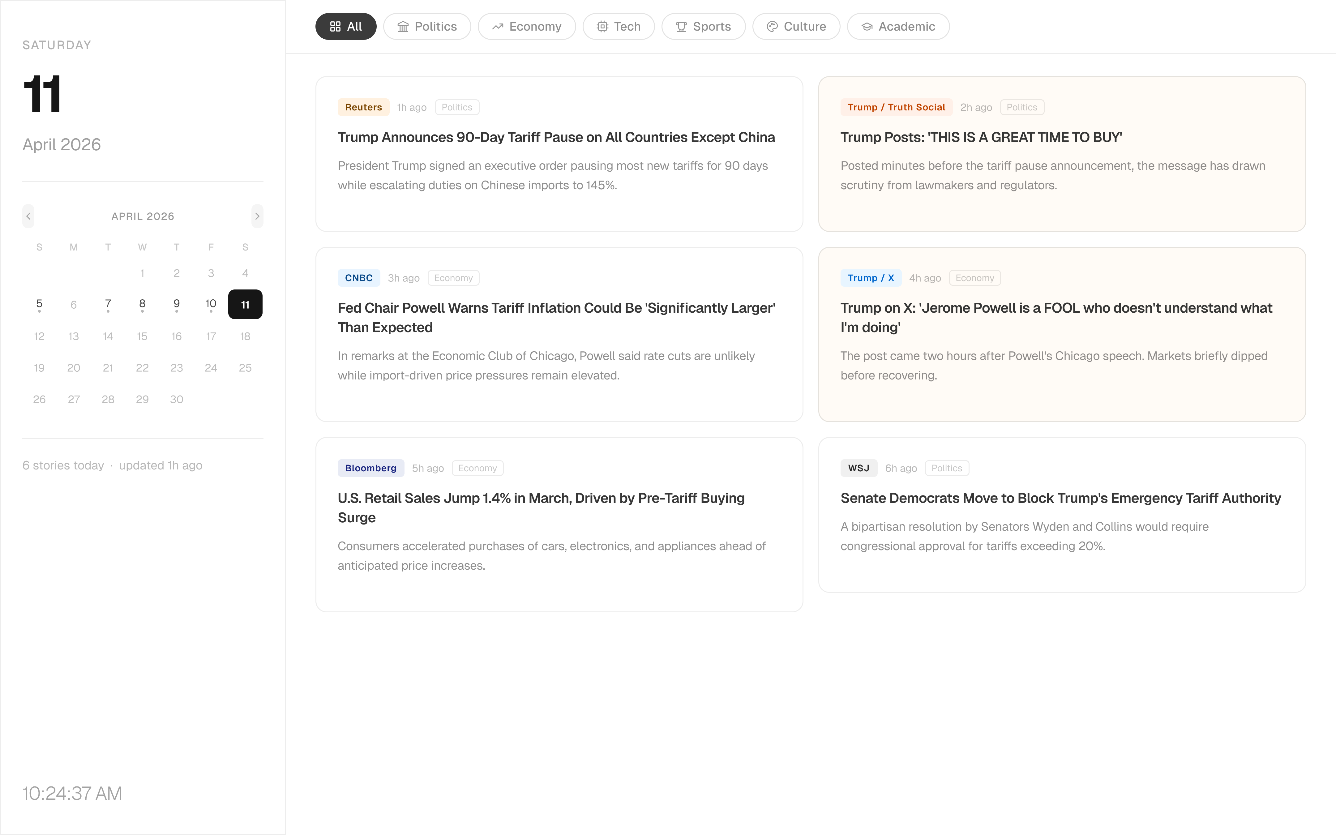 Round 3 — v3 Demo with the structural pivot from single-column list to a 2×3 card grid with pastel-tinted source backgrounds