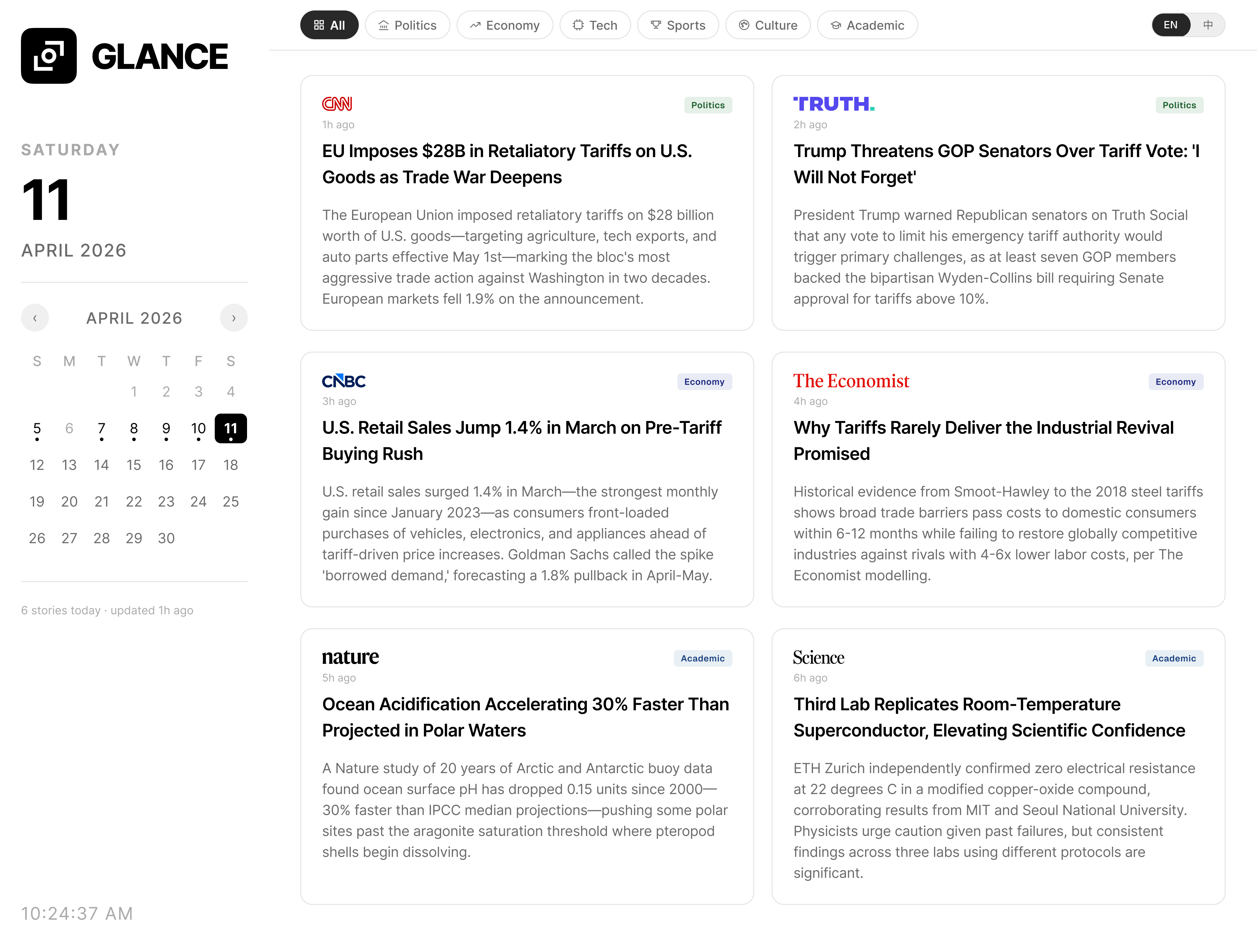 Glance final v3.7 dashboard showing the full 1440px layout with sidebar lockup, bilingual filter bar, and six-publication card grid