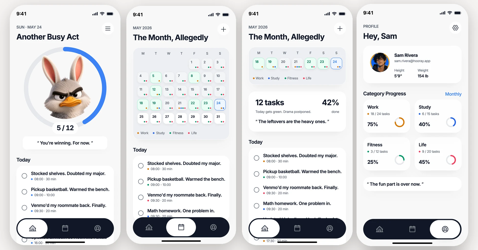 Four built Hooray screens (home, month calendar, day detail, and profile) reproduced from the Figma source