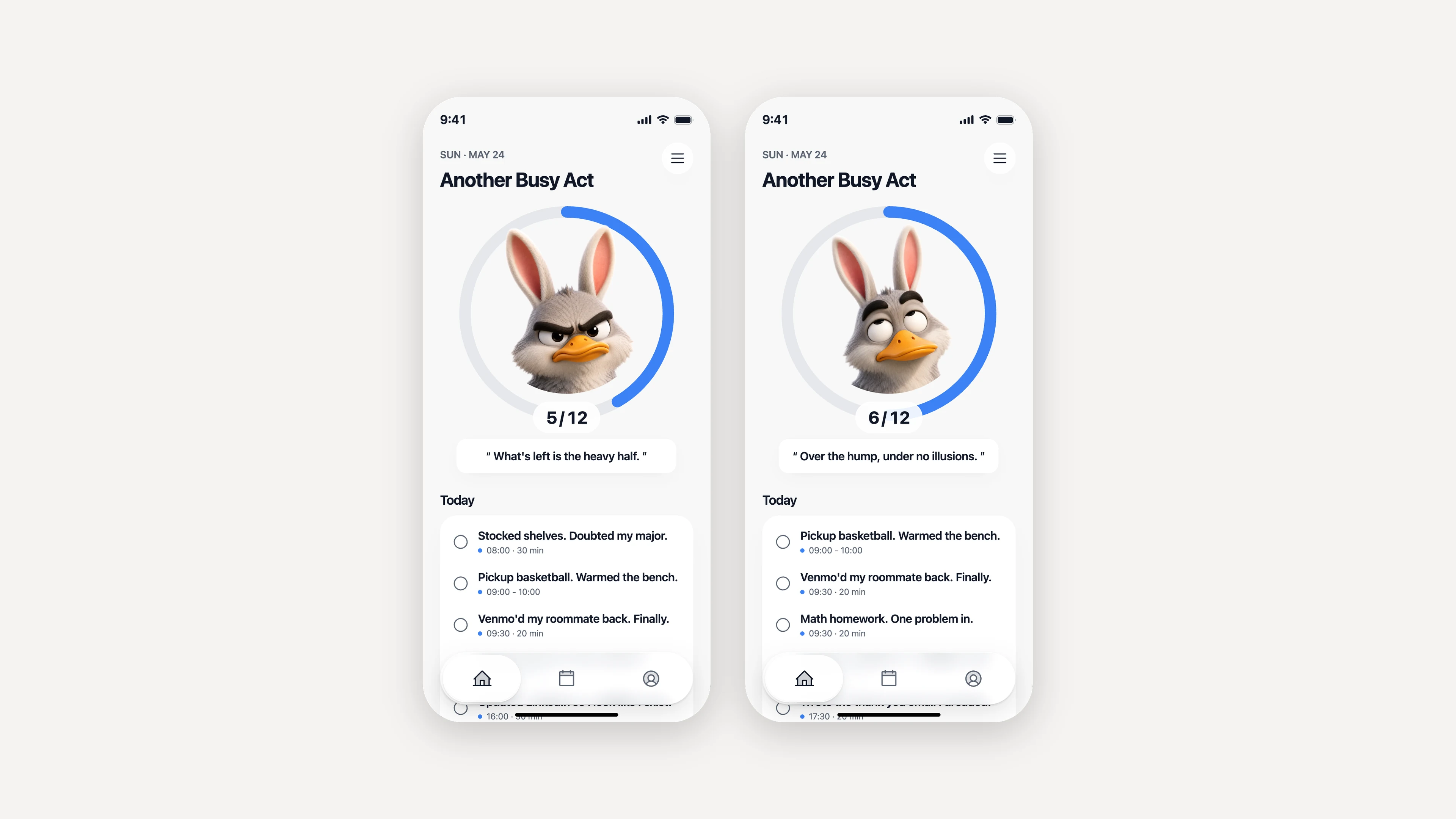 Two Hooray home screens side by side, before and after completing a task: the count moves from 5/12 to 6/12, the ring advances, and the mascot changes from stubborn to eyeroll