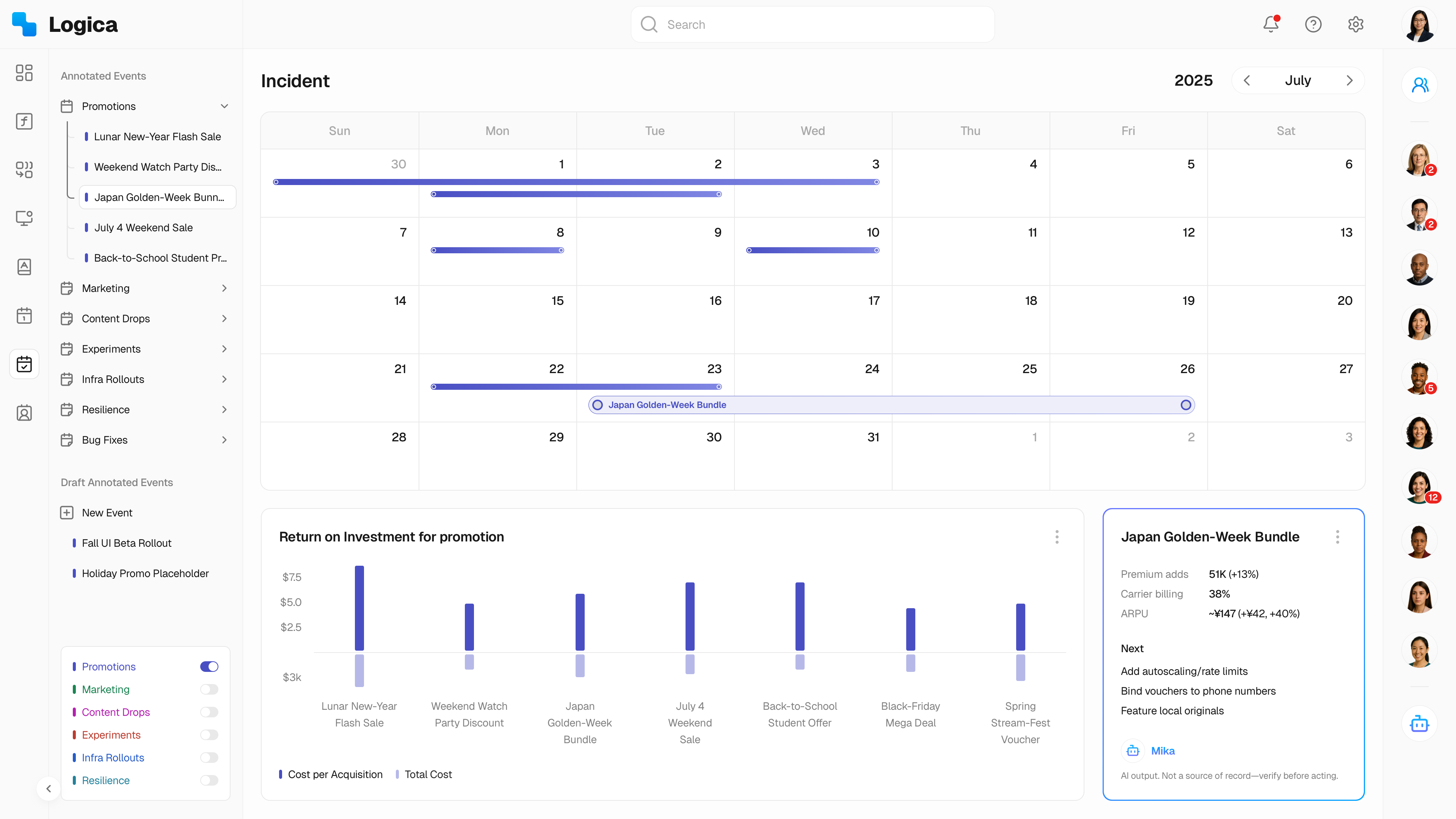 Logica incident management calendar with ROI breakdown