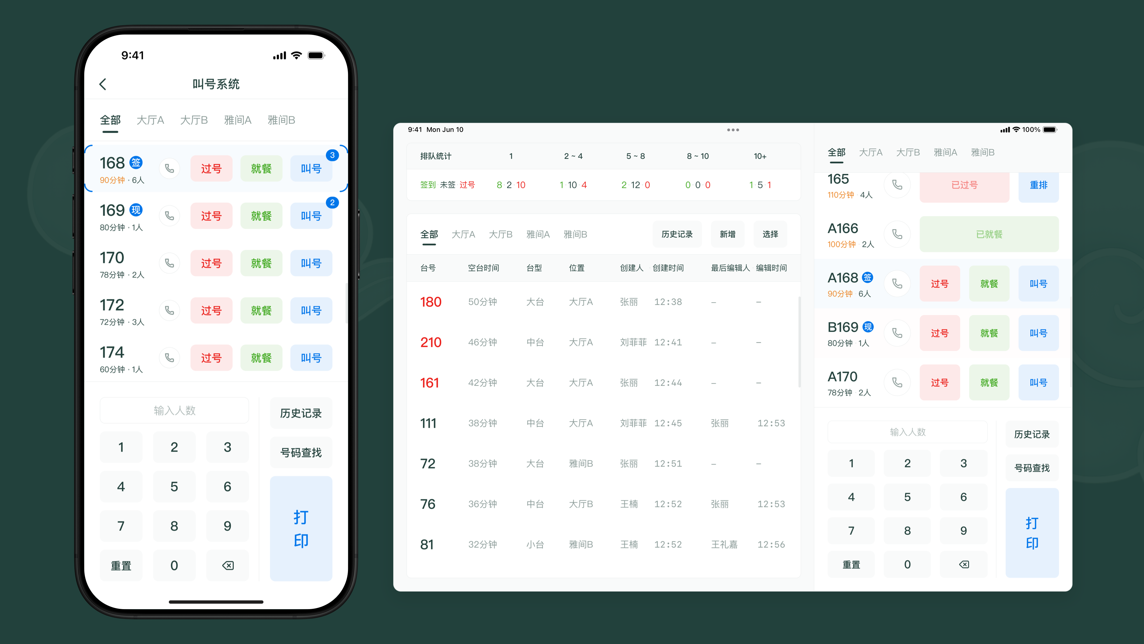 Queue & Seating Console: wait times by party size, paging, seating, and audit history