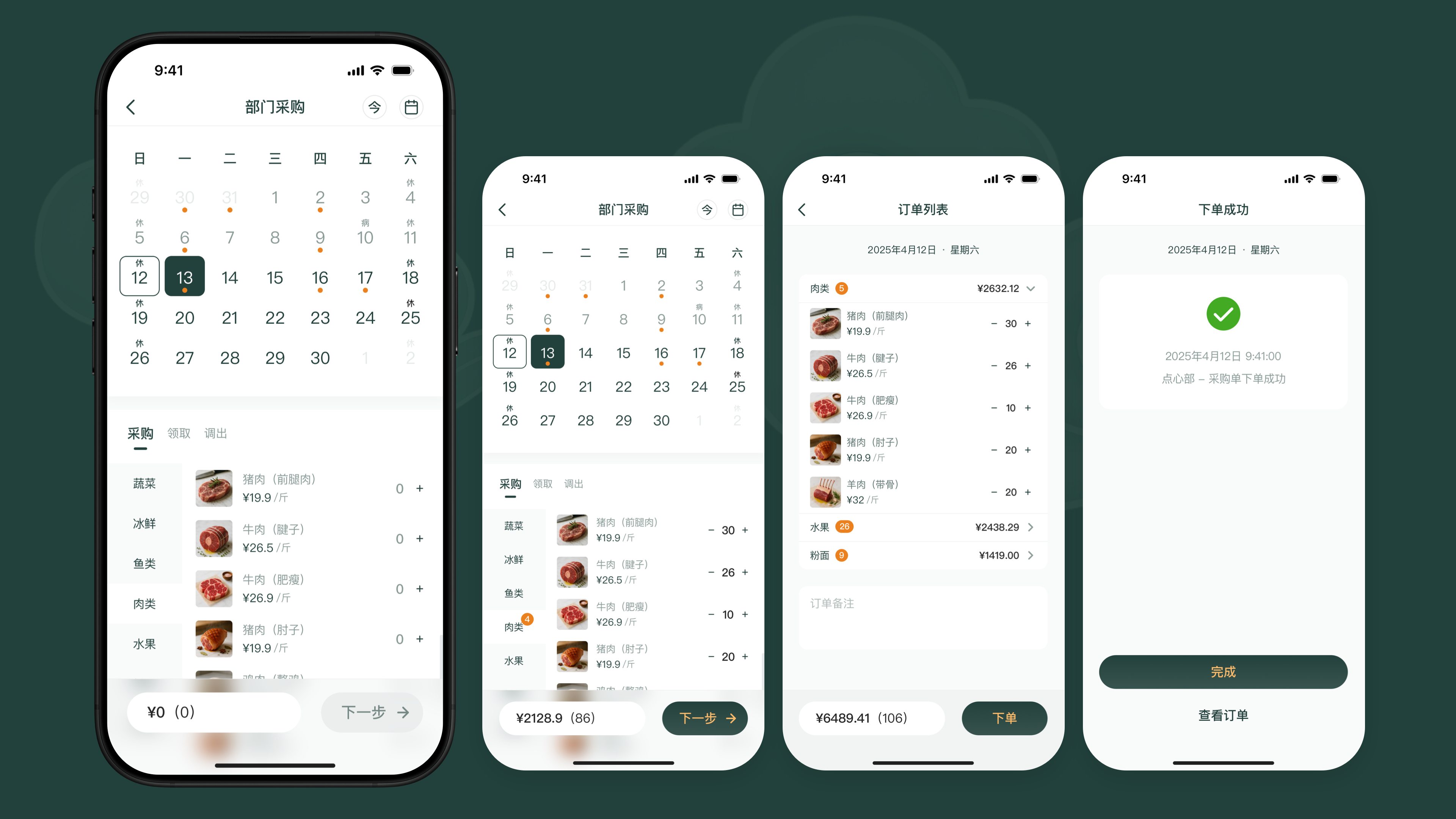 Department procurement form aggregating ingredient needs and pricing before submission