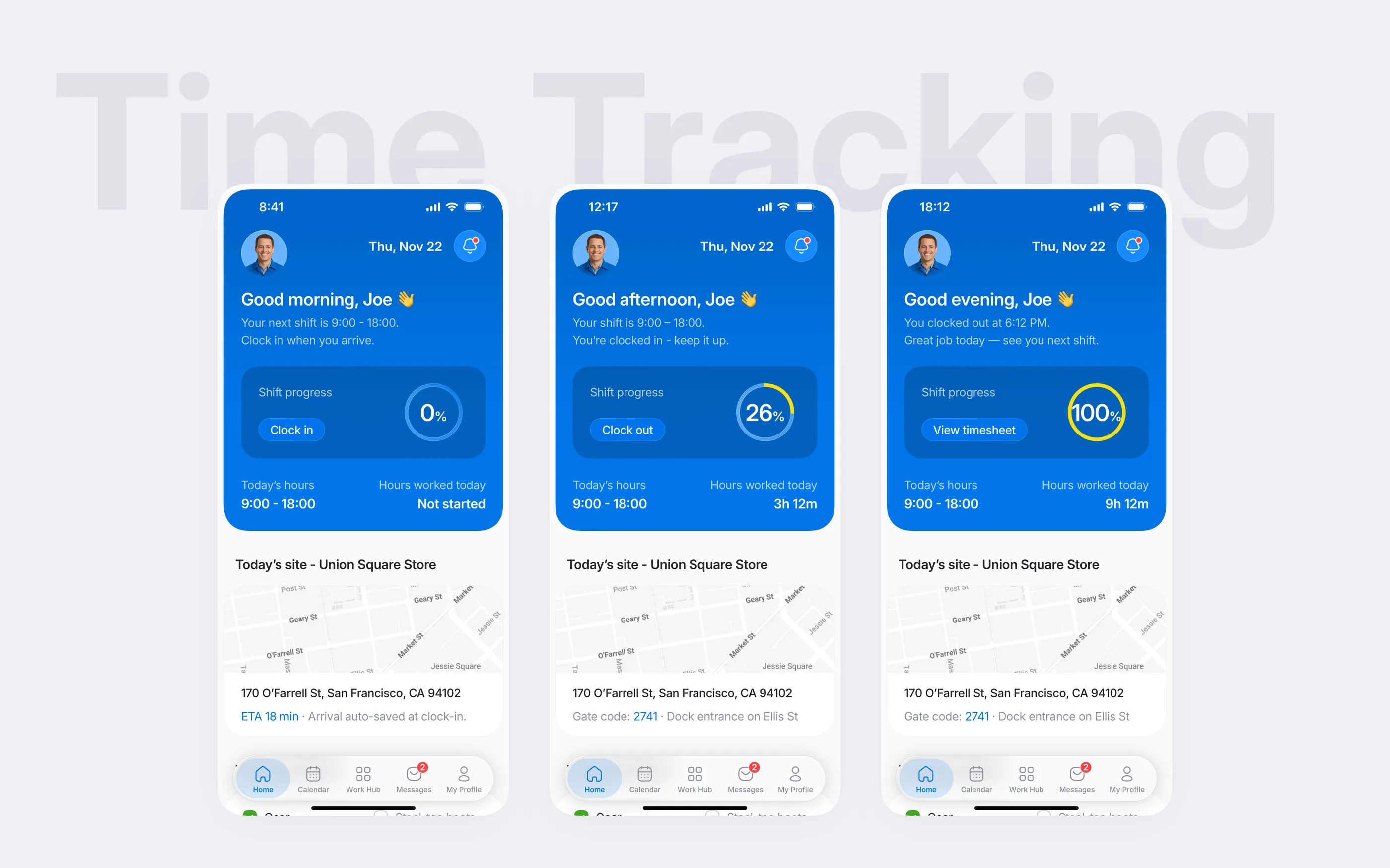 One-thumb clock-in flow with inline policy reminders and instant feedback