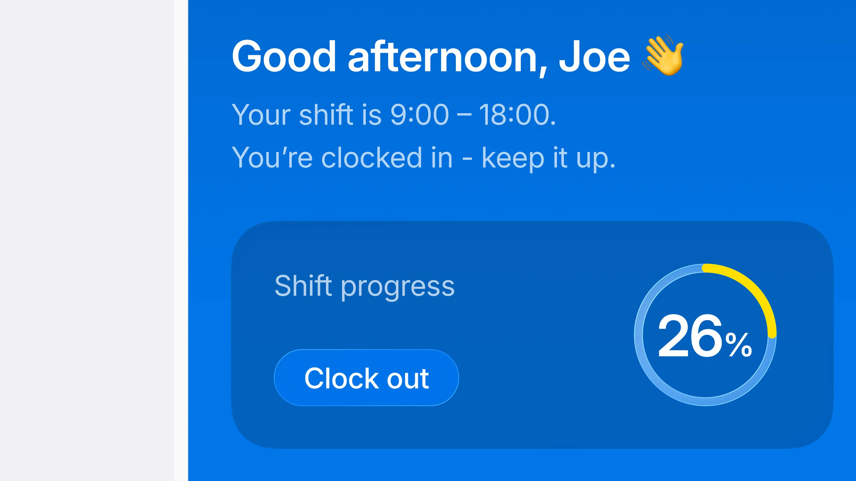 International-edition clock-in progress detail with state ring, status verbs, and inline policy cue